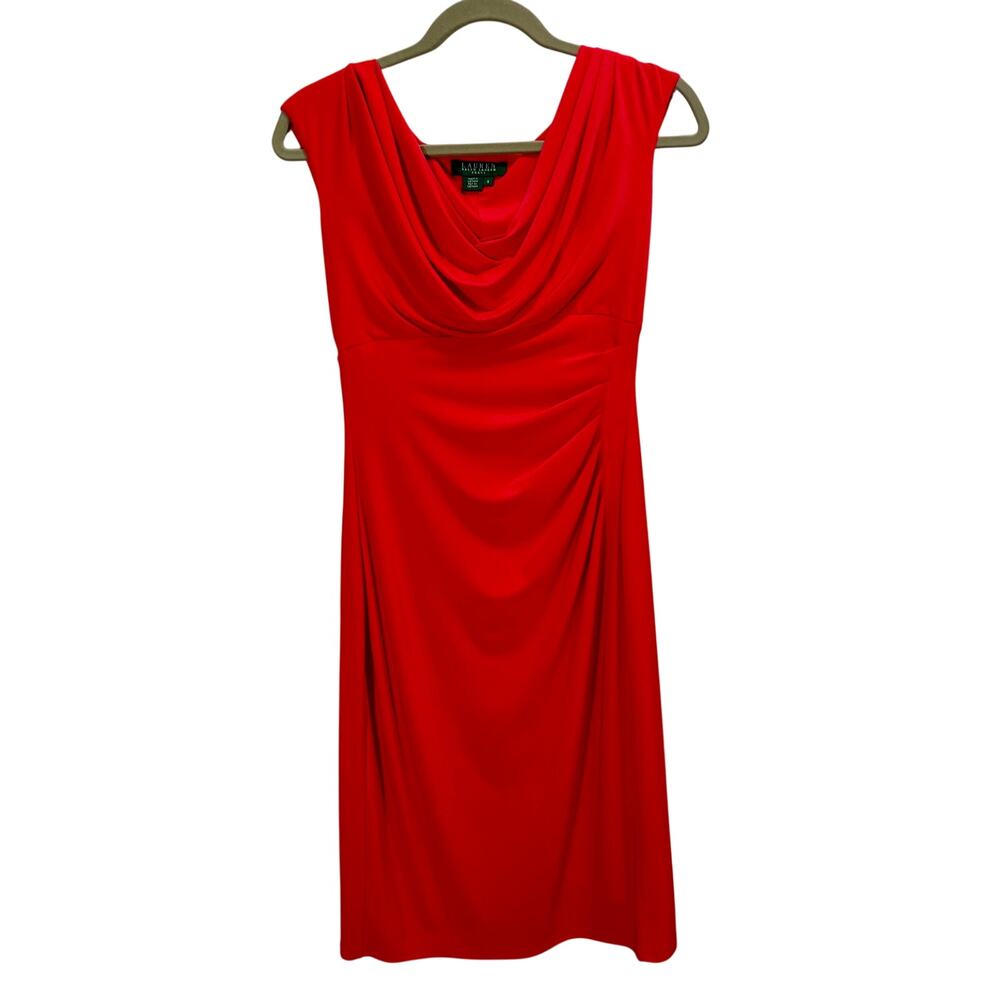 Lauren by Ralph Lauren Cowl Neck Sheath Dress Jersey Knit Size 6 Salmon Red